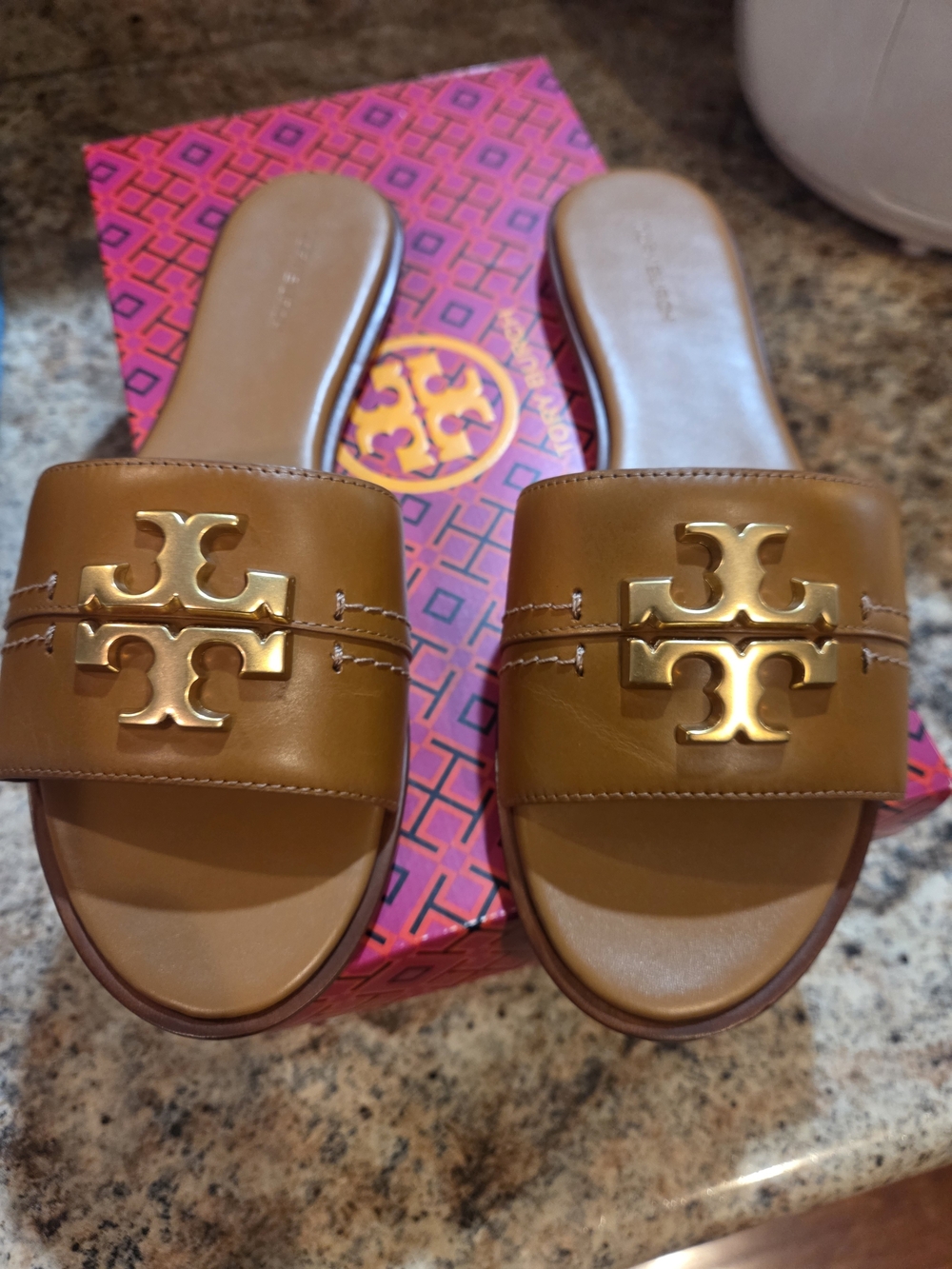 Tory Burch Everly Slide Sandals in Brown with Gold Logo